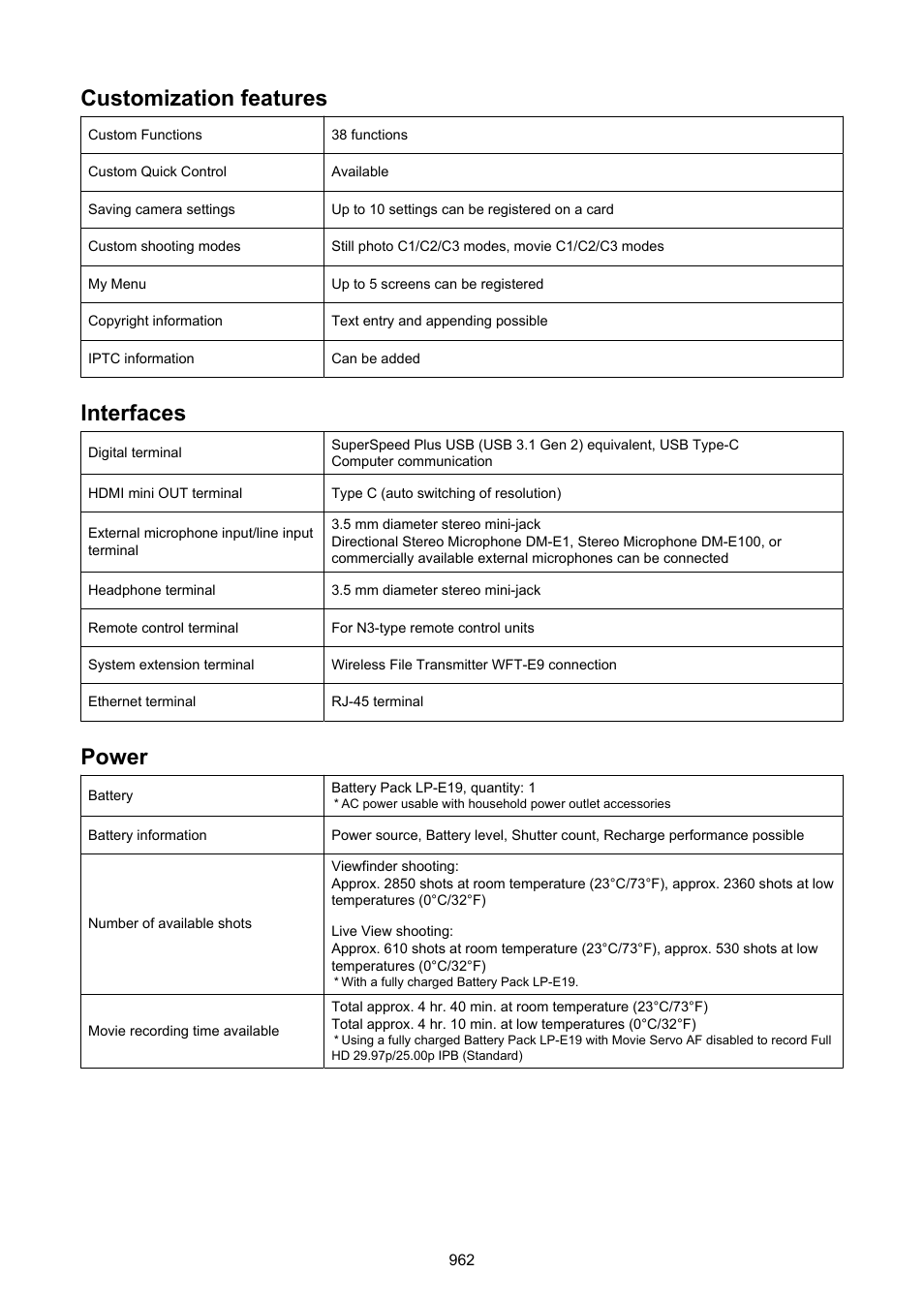 Customization features, Interfaces, Power | Canon EOS-1D X Mark III DSLR Camera (Body Only) User Manual | Page 962 / 966