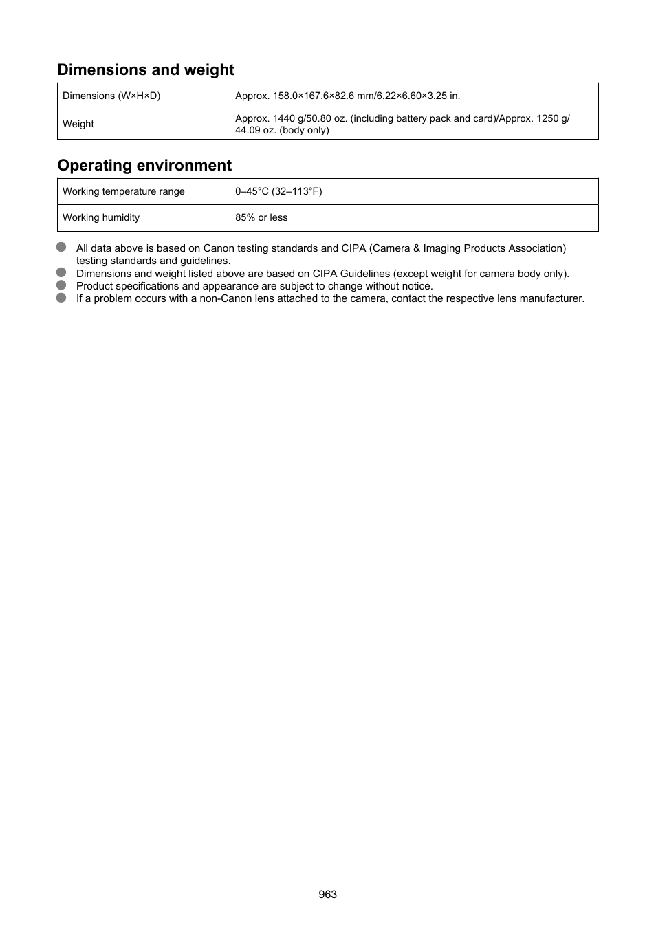 Dimensions and weight, Operating environment | Canon EOS-1D X Mark III DSLR Camera (Body Only) User Manual | Page 963 / 966