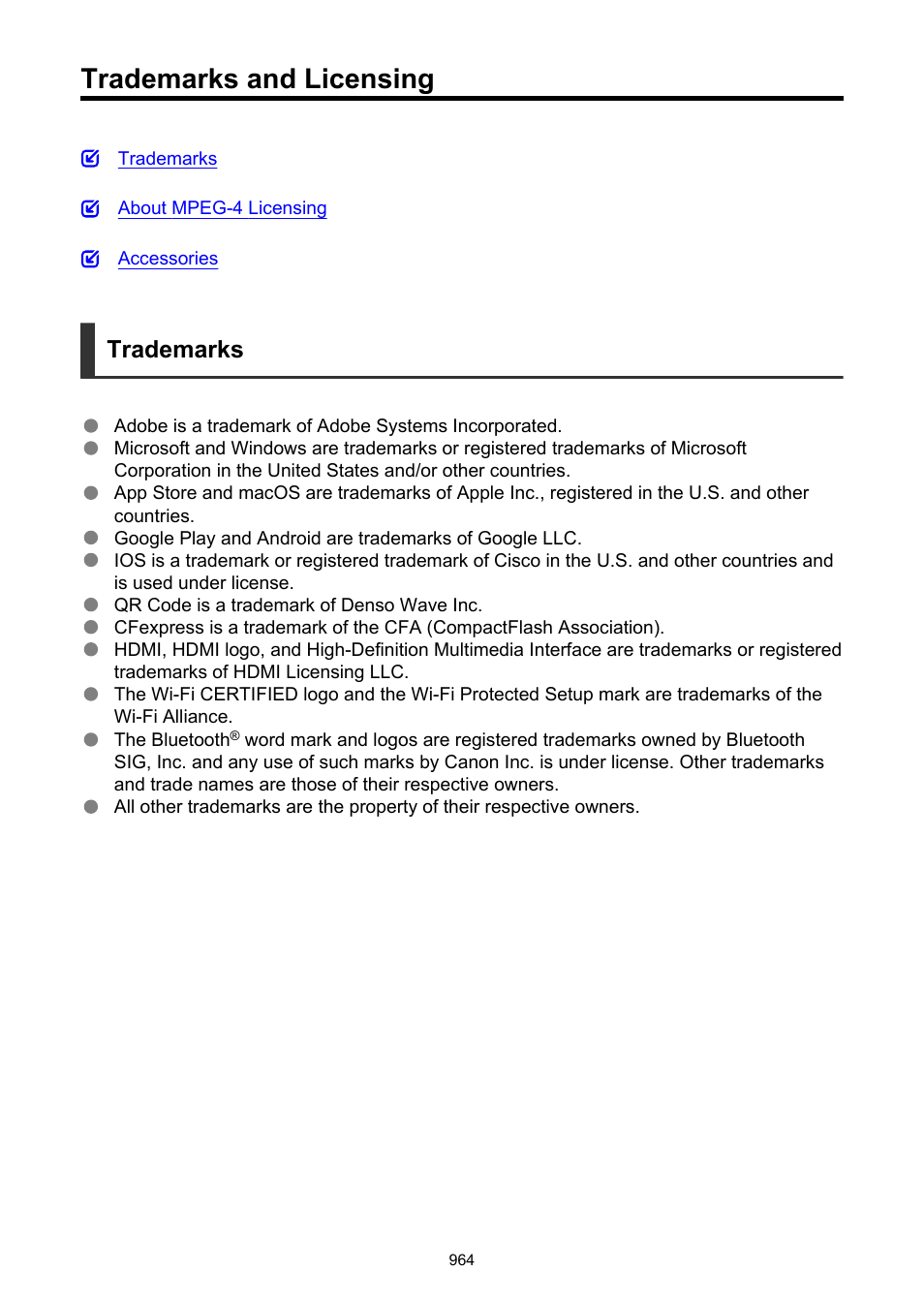 Trademarks and licensing, Trademarks | Canon EOS-1D X Mark III DSLR Camera (Body Only) User Manual | Page 964 / 966