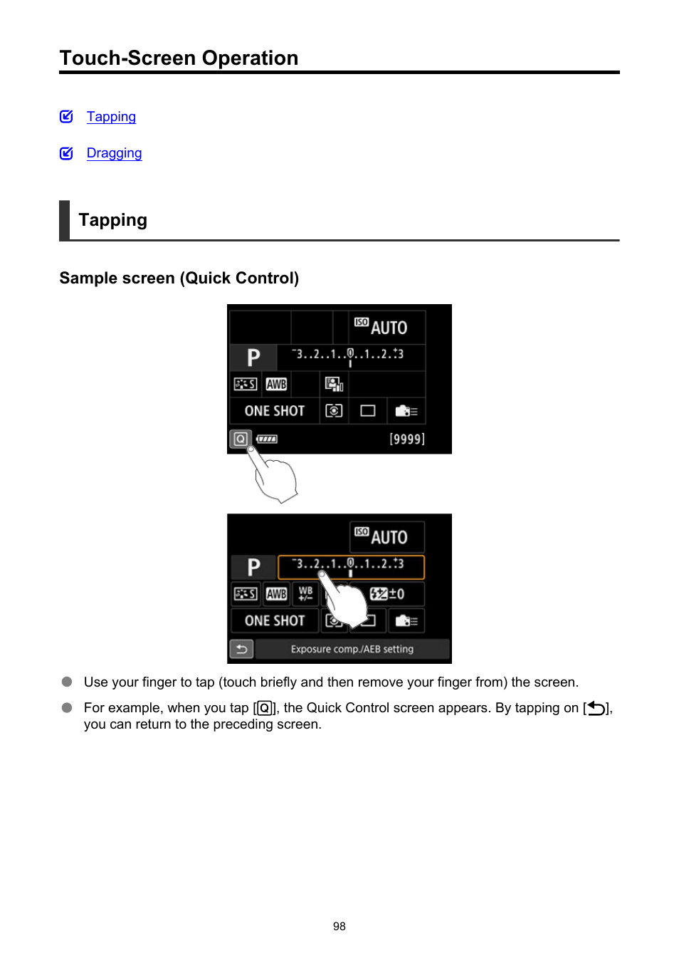 Touch-screen operation, Tapping | Canon EOS-1D X Mark III DSLR Camera (Body Only) User Manual | Page 98 / 966