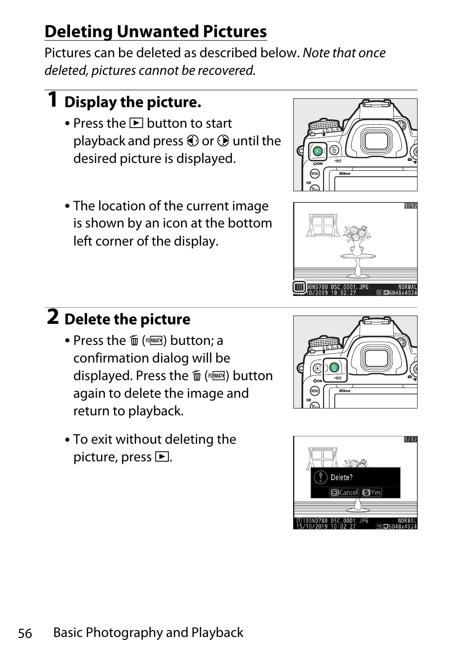 Deleting unwanted pictures | Nikon D780 DSLR Camera (Body Only) User Manual | Page 102 / 944