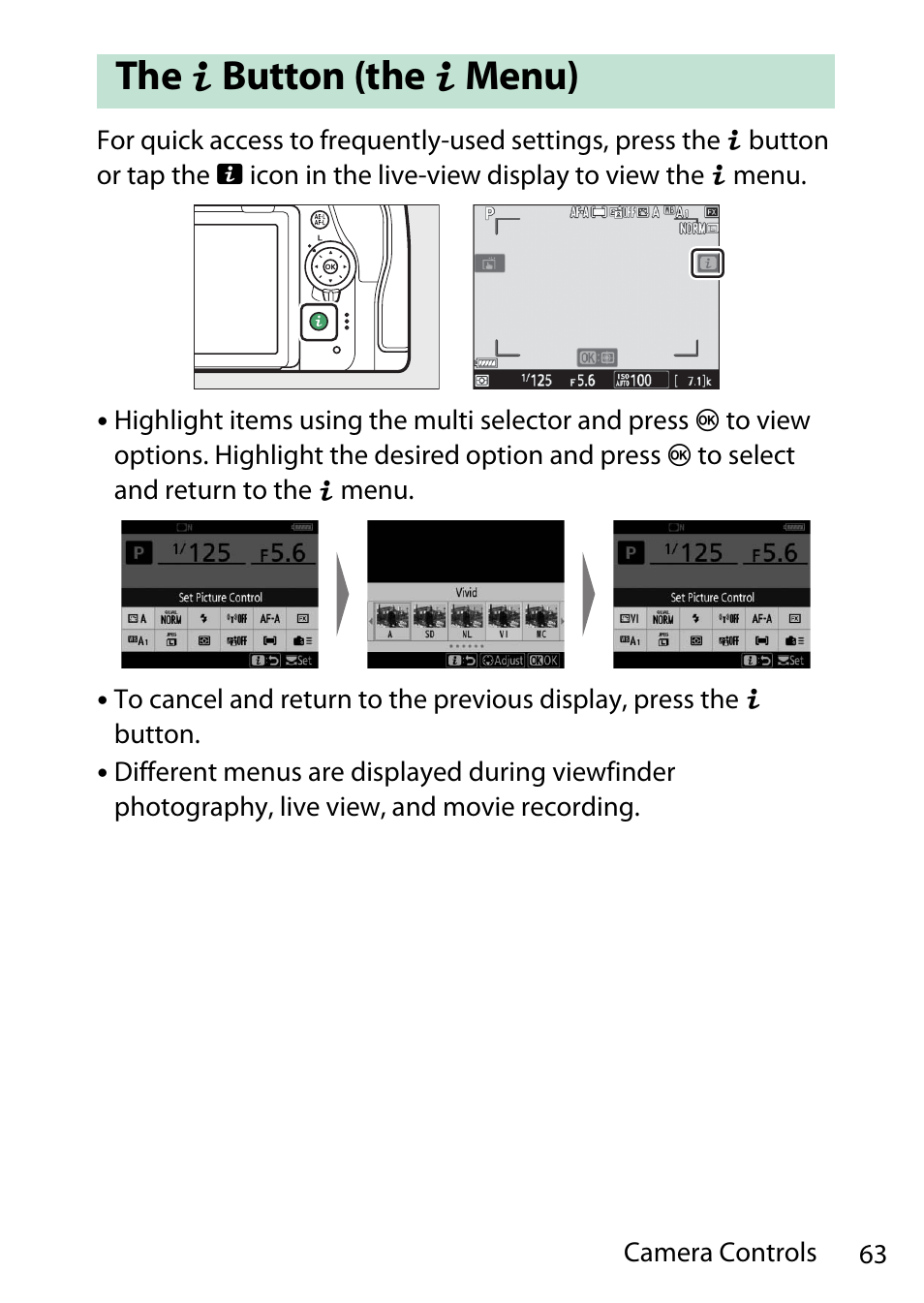 The i button (the i menu), Button (the, Menu) | Nikon D780 DSLR Camera (Body Only) User Manual | Page 109 / 944