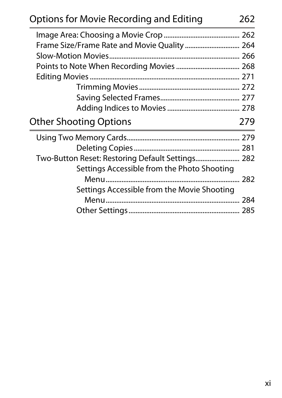 Options for movie recording and editing 262, Other shooting options 279 | Nikon D780 DSLR Camera (Body Only) User Manual | Page 11 / 944