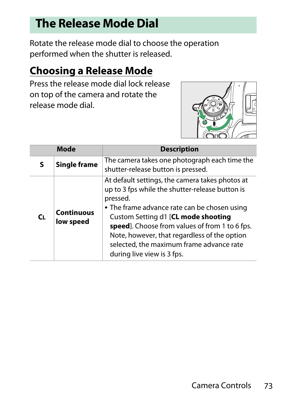 The release mode dial, Choosing a release mode | Nikon D780 DSLR Camera (Body Only) User Manual | Page 119 / 944