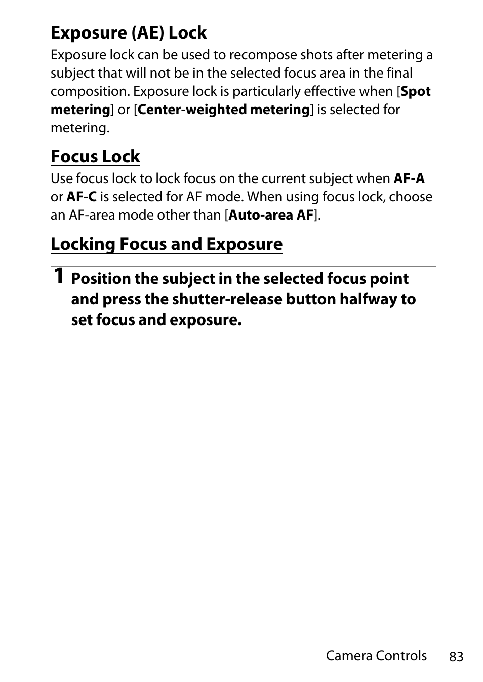 Exposure (ae) lock, Focus lock, Locking focus and exposure | Nikon D780 DSLR Camera (Body Only) User Manual | Page 129 / 944