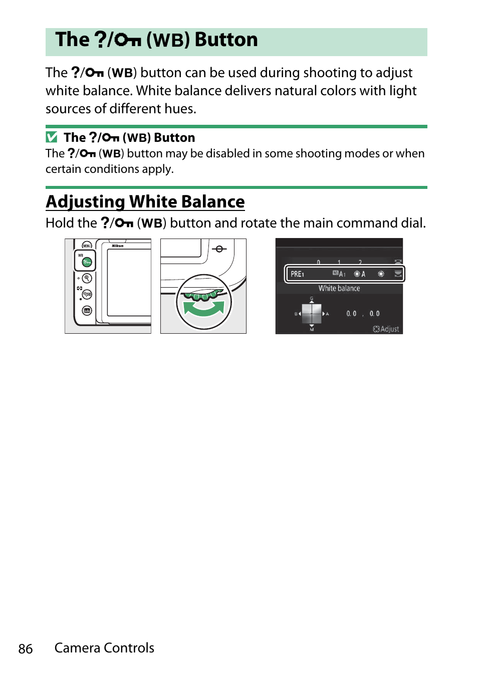 The help/protect (wb) button, Adjusting white balance, Button | Nikon D780 DSLR Camera (Body Only) User Manual | Page 132 / 944