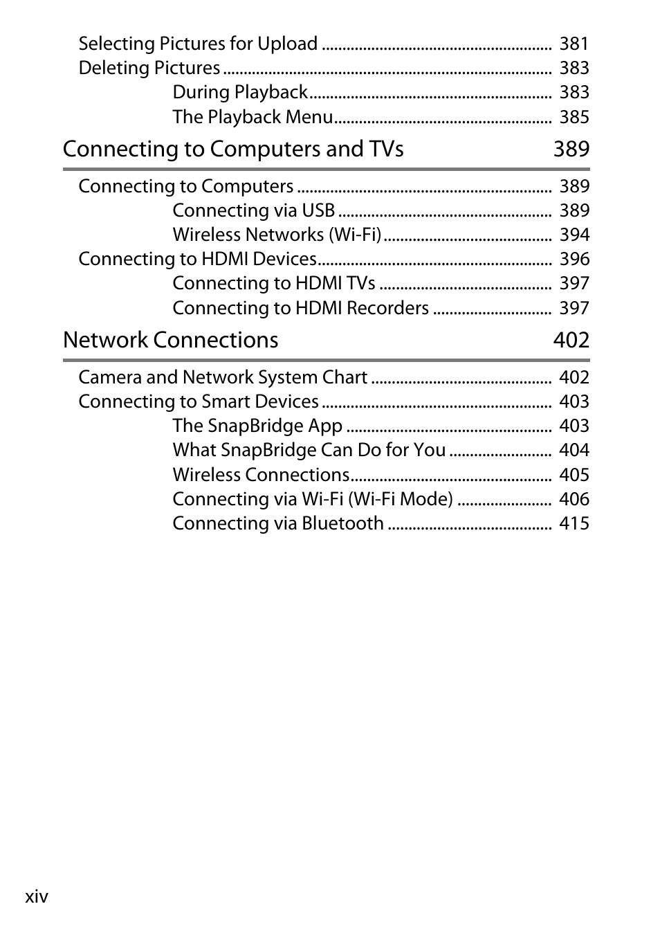 Connecting to computers and tvs 389, Network connections 402 | Nikon D780 DSLR Camera (Body Only) User Manual | Page 14 / 944