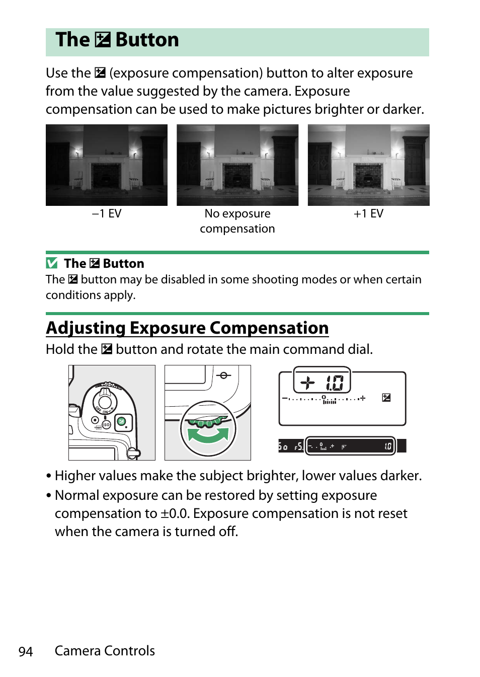 The exposure compensation button, Adjusting exposure compensation, Button | Nikon D780 DSLR Camera (Body Only) User Manual | Page 140 / 944