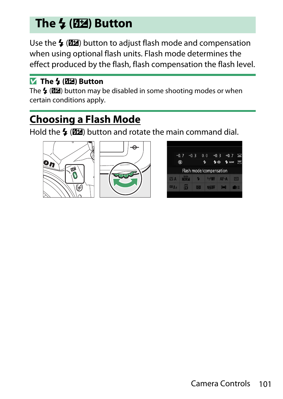 The flash mode (flash compensation) button, Choosing a flash mode, Button | Nikon D780 DSLR Camera (Body Only) User Manual | Page 147 / 944