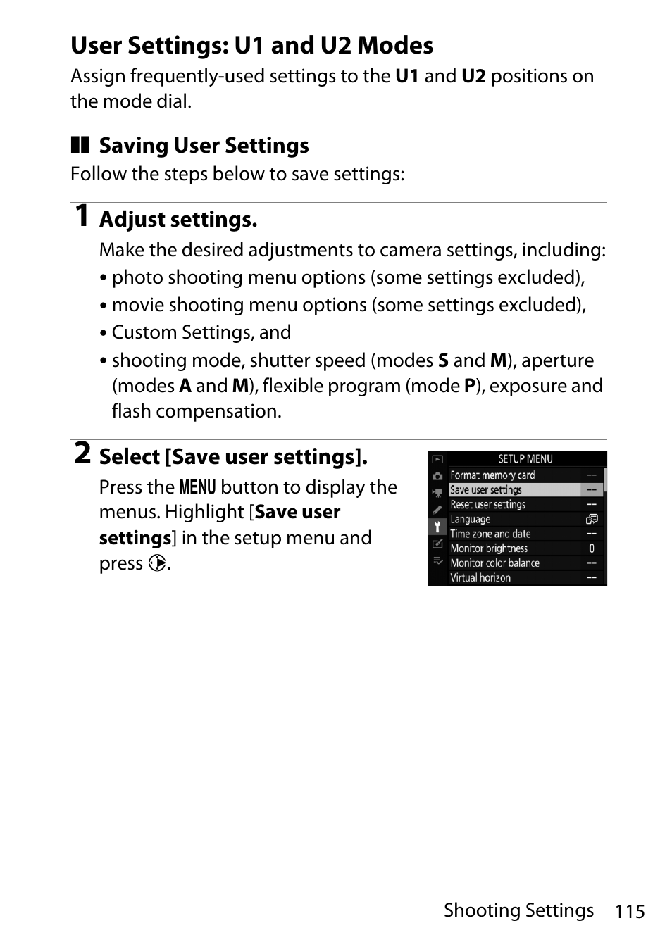 User settings: u1 and u2 modes | Nikon D780 DSLR Camera (Body Only) User Manual | Page 161 / 944