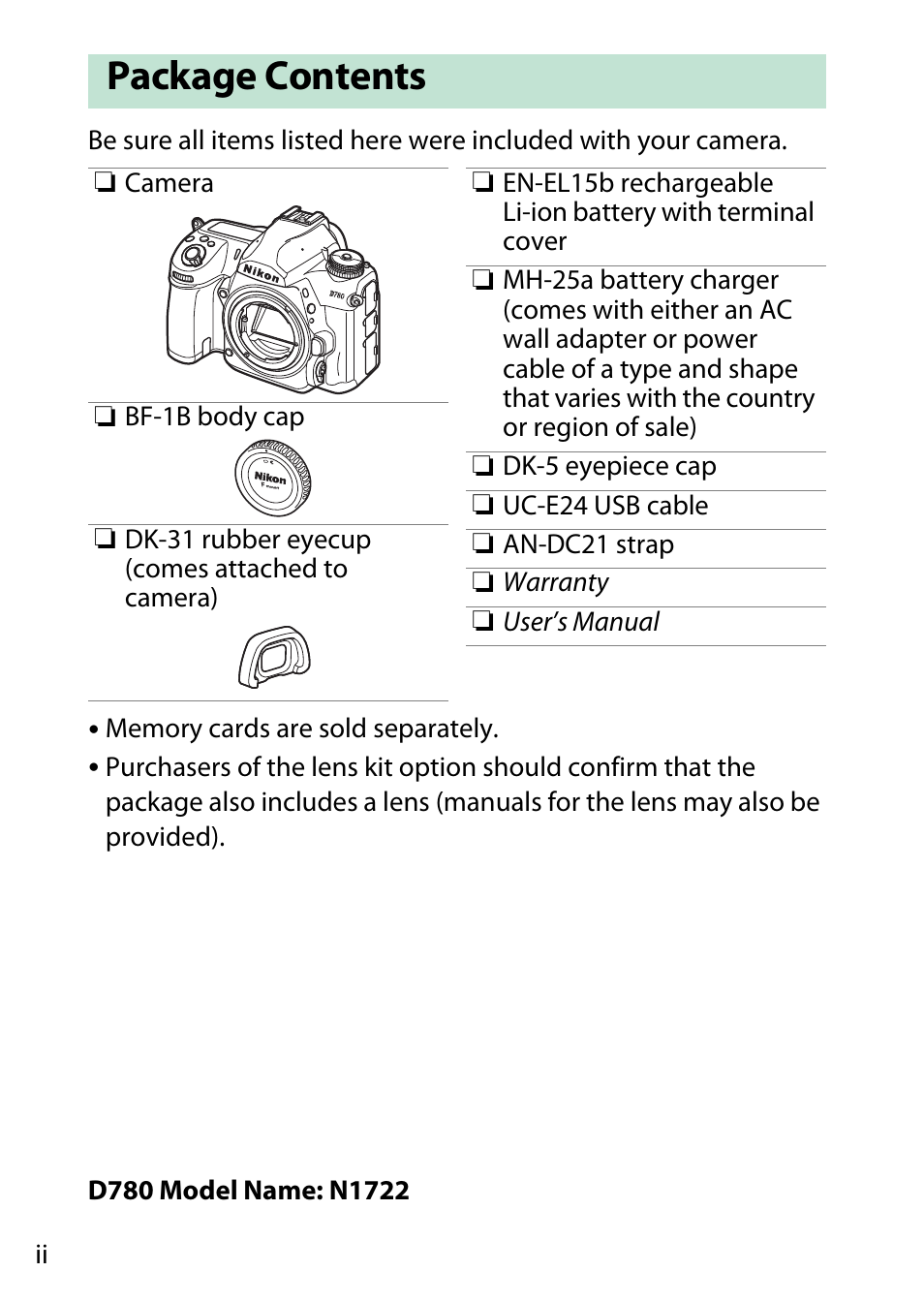 Package contents | Nikon D780 DSLR Camera (Body Only) User Manual | Page 2 / 944