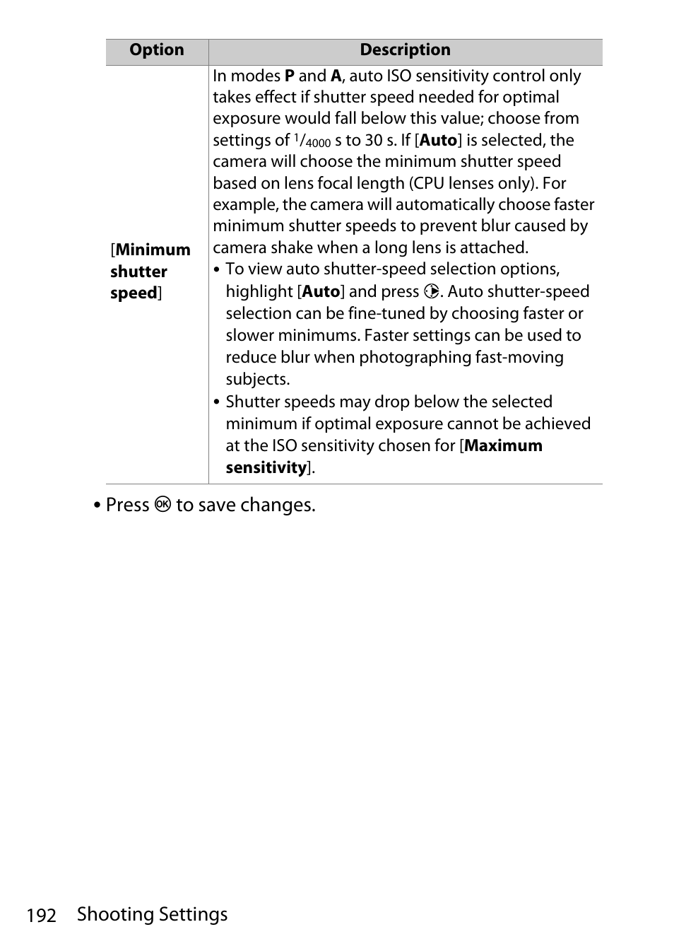 192 shooting settings, Press j to save changes | Nikon D780 DSLR Camera (Body Only) User Manual | Page 238 / 944