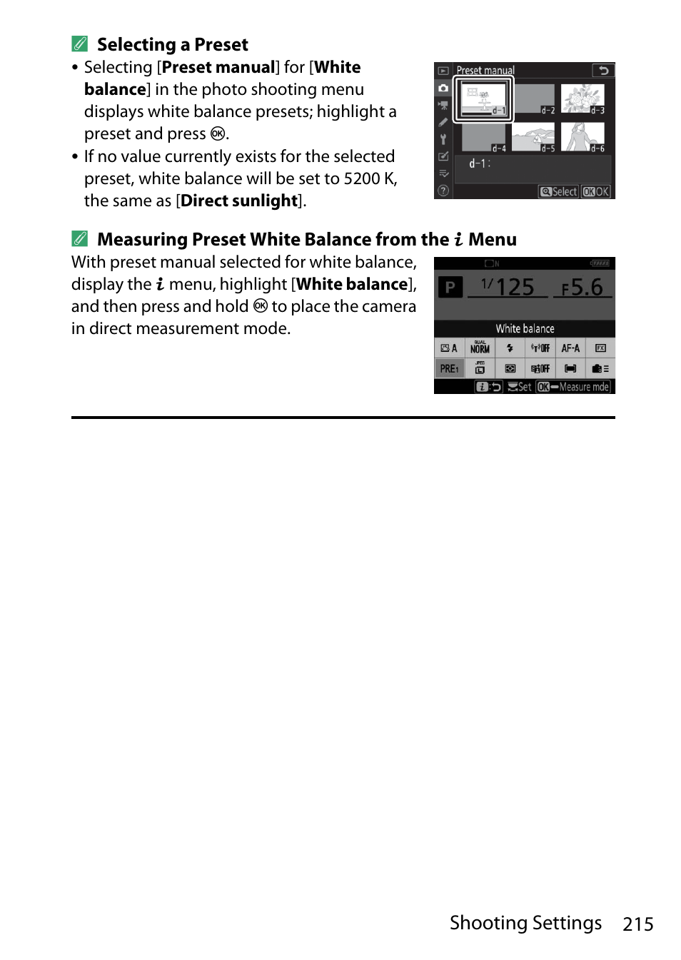 215 shooting settings | Nikon D780 DSLR Camera (Body Only) User Manual | Page 261 / 944