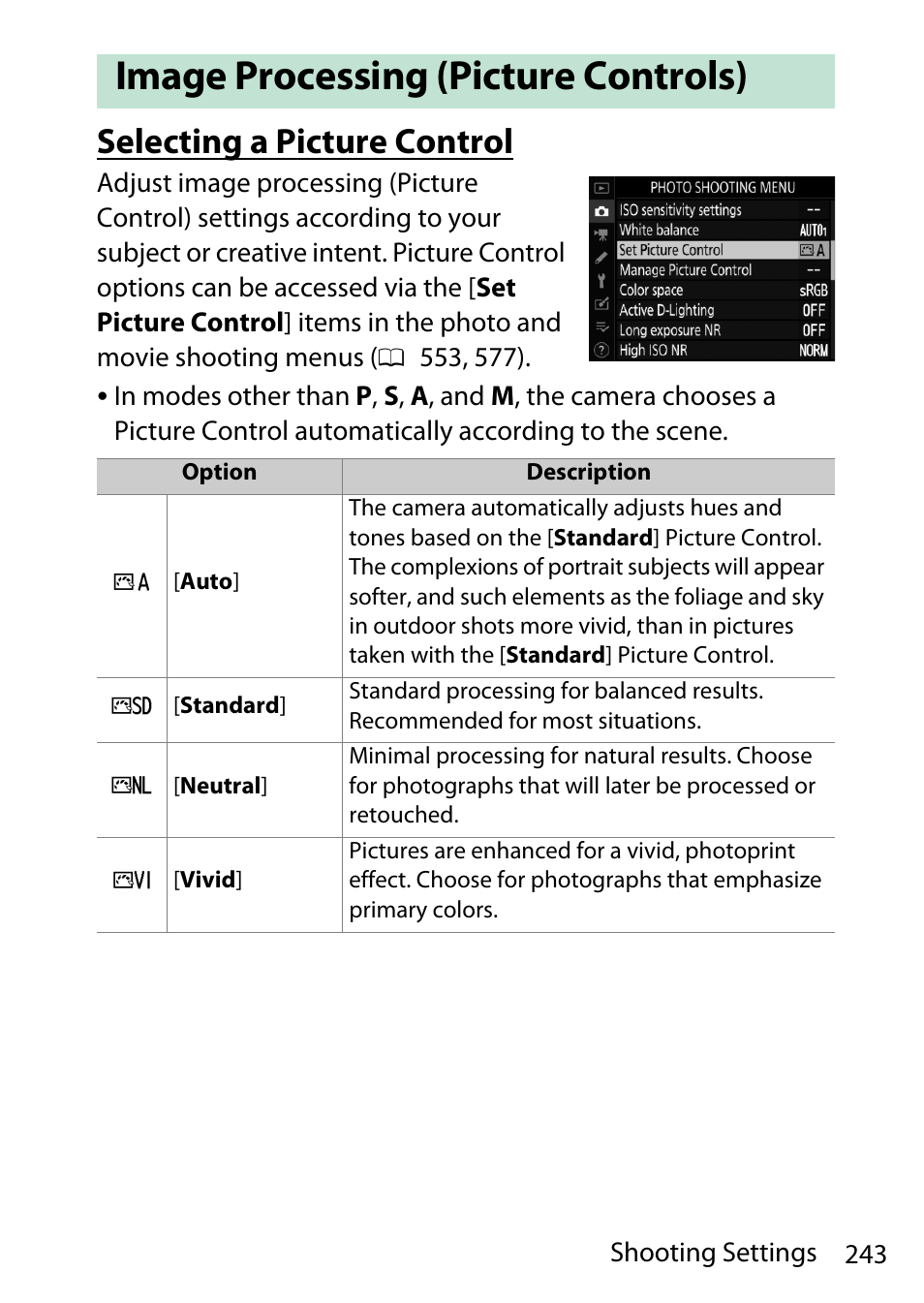 Image processing (picture controls), Selecting a picture control | Nikon D780 DSLR Camera (Body Only) User Manual | Page 289 / 944