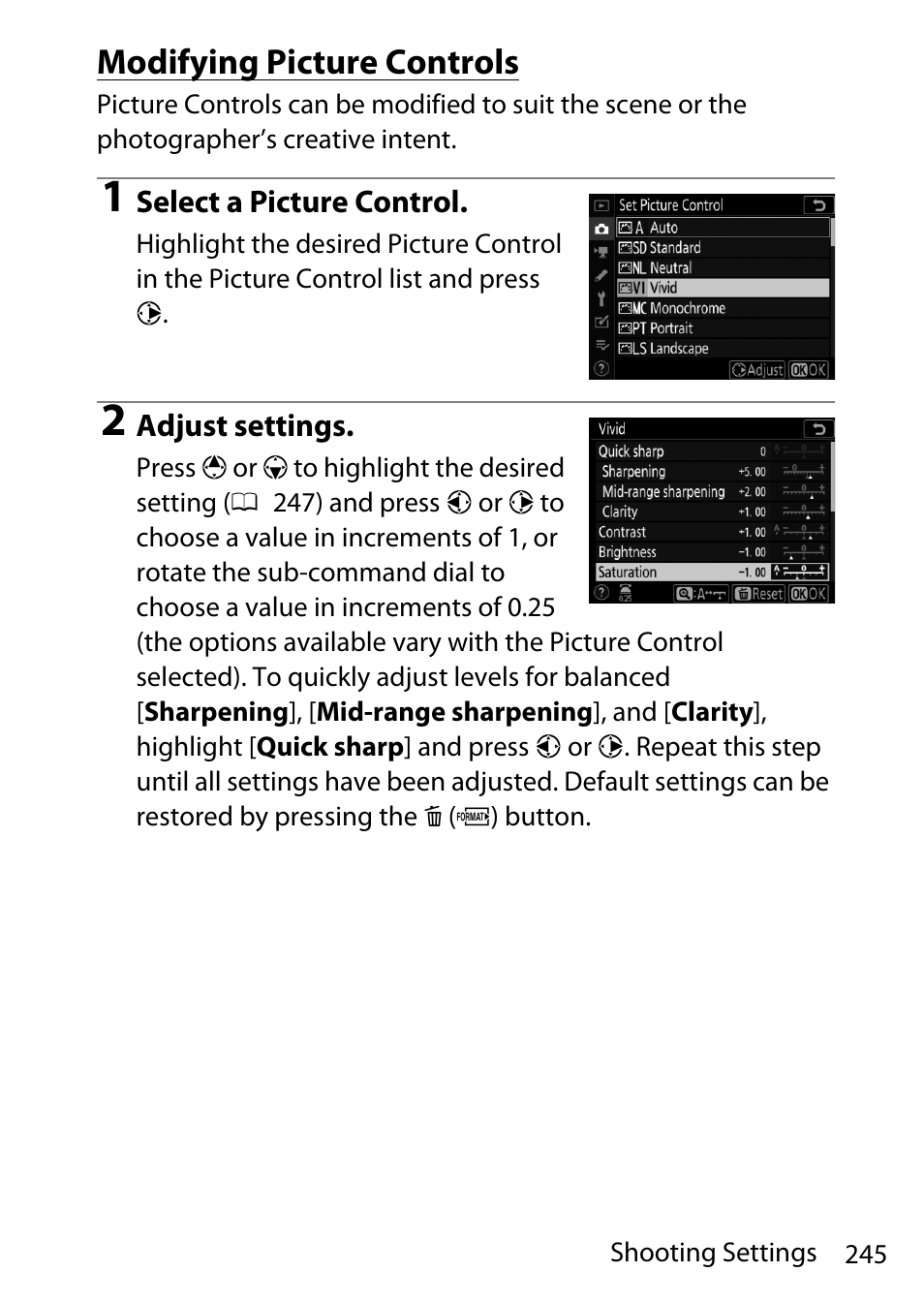 Modifying picture controls | Nikon D780 DSLR Camera (Body Only) User Manual | Page 291 / 944