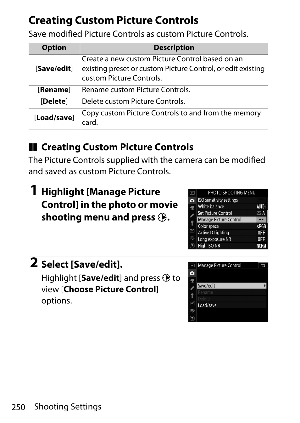 Creating custom picture controls | Nikon D780 DSLR Camera (Body Only) User Manual | Page 296 / 944