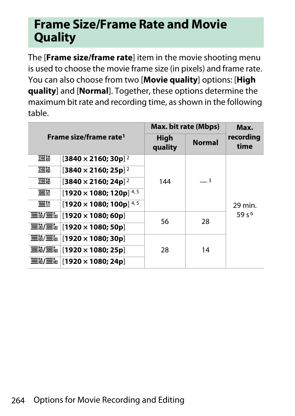 Frame size/frame rate and movie quality | Nikon D780 DSLR Camera (Body Only) User Manual | Page 310 / 944