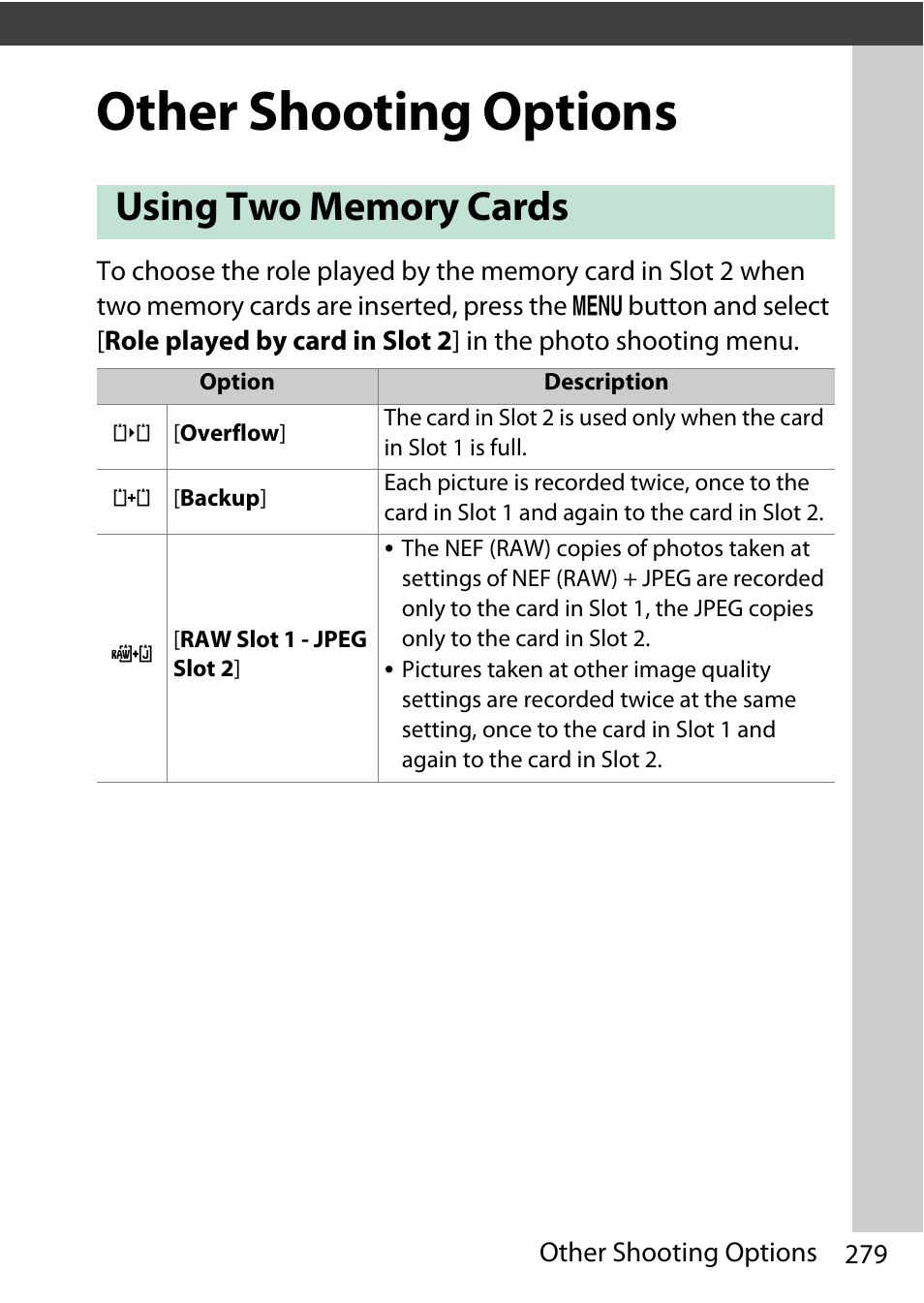 Other shooting options, Using two memory cards | Nikon D780 DSLR Camera (Body Only) User Manual | Page 325 / 944