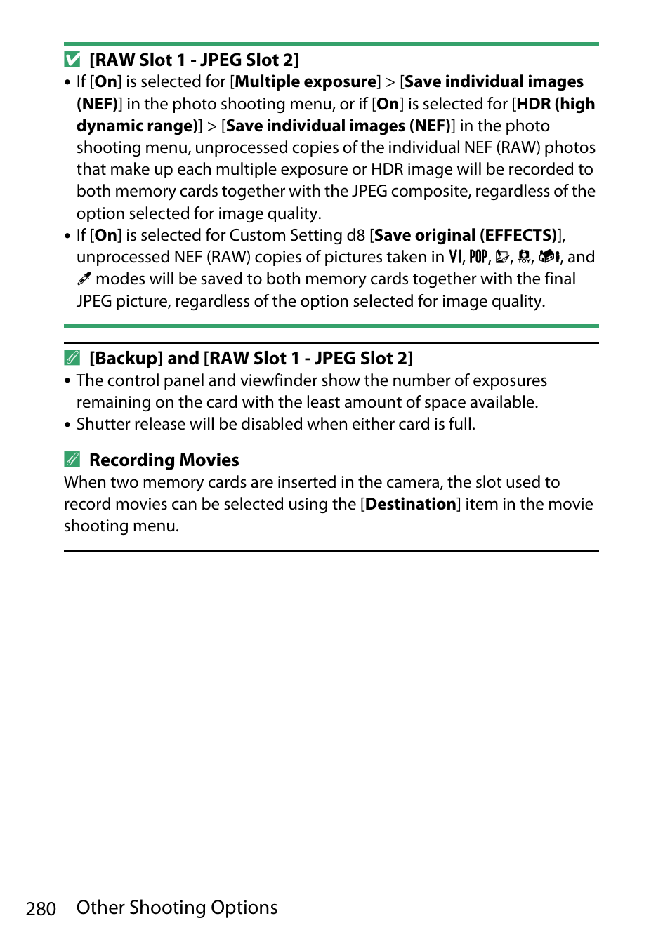 280 other shooting options | Nikon D780 DSLR Camera (Body Only) User Manual | Page 326 / 944