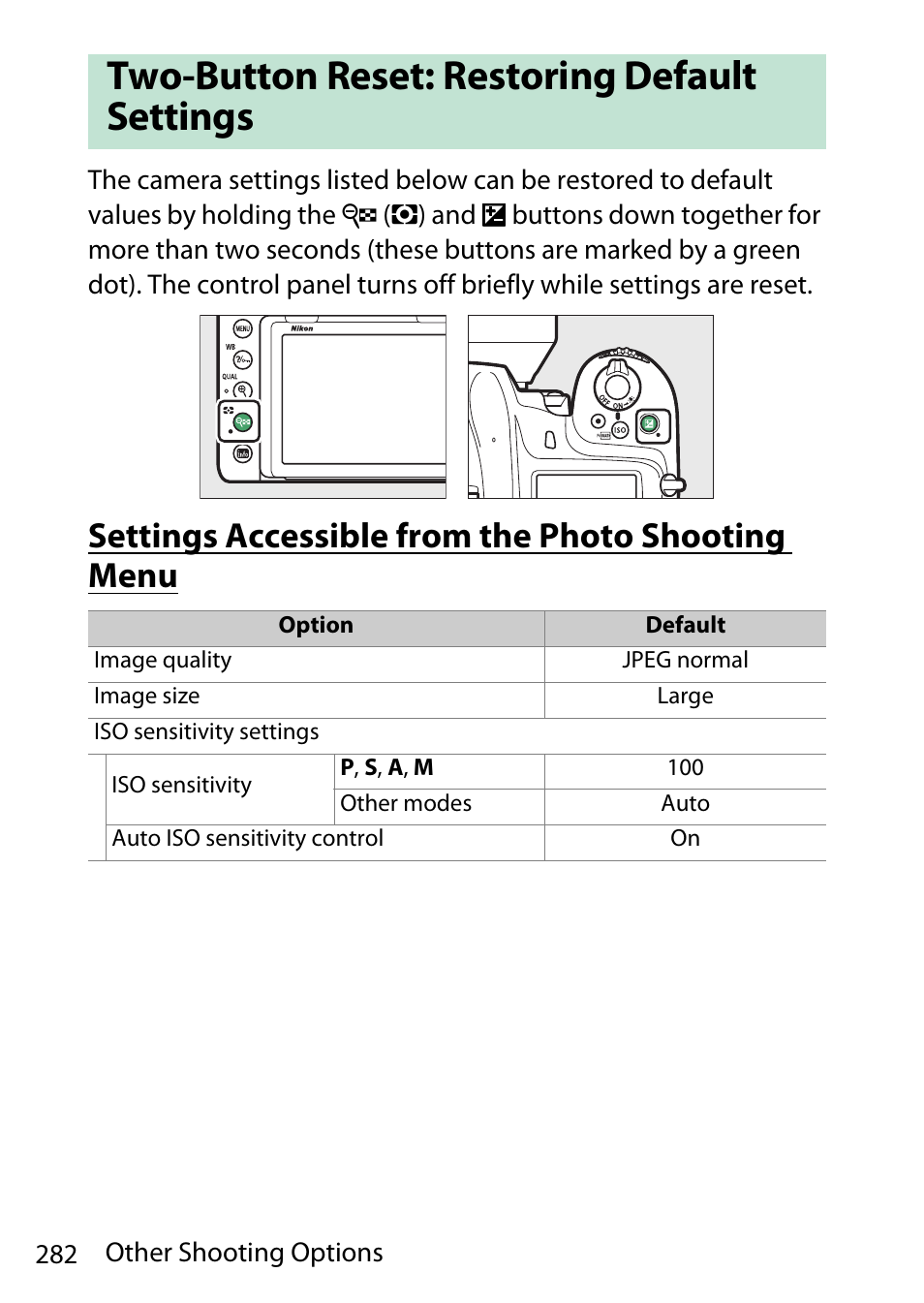 Two-button reset: restoring default settings, Settings accessible from the photo shooting menu | Nikon D780 DSLR Camera (Body Only) User Manual | Page 328 / 944