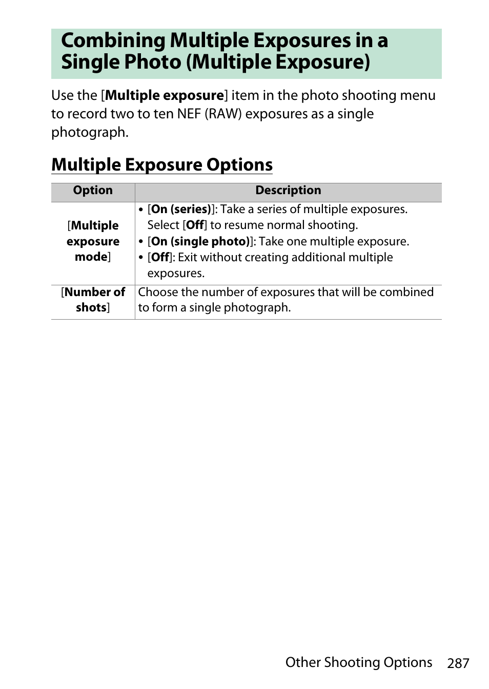 Multiple exposure options | Nikon D780 DSLR Camera (Body Only) User Manual | Page 333 / 944