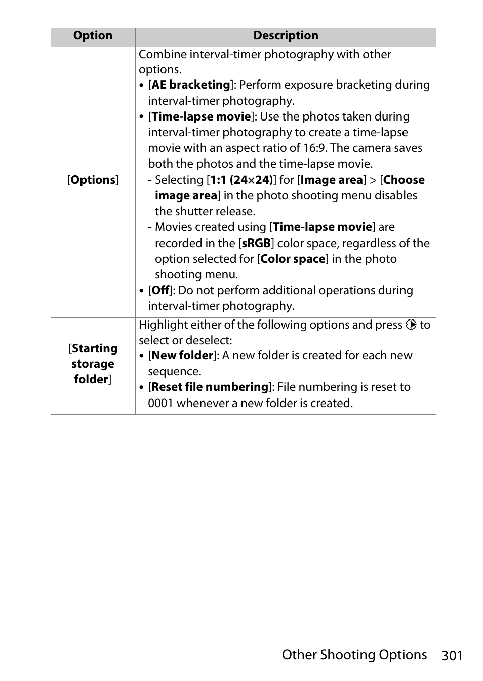 301 other shooting options | Nikon D780 DSLR Camera (Body Only) User Manual | Page 347 / 944