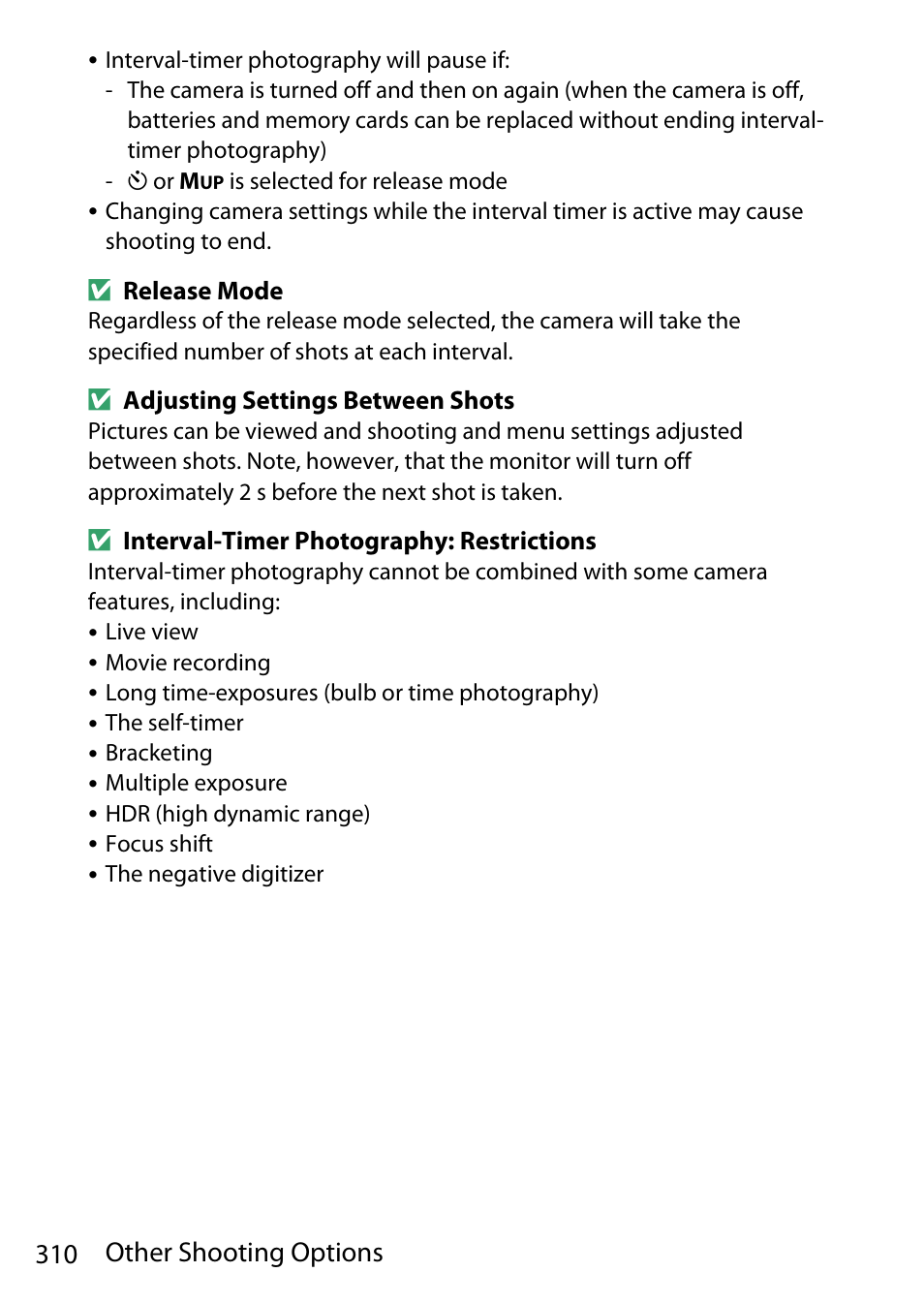 310 other shooting options | Nikon D780 DSLR Camera (Body Only) User Manual | Page 356 / 944