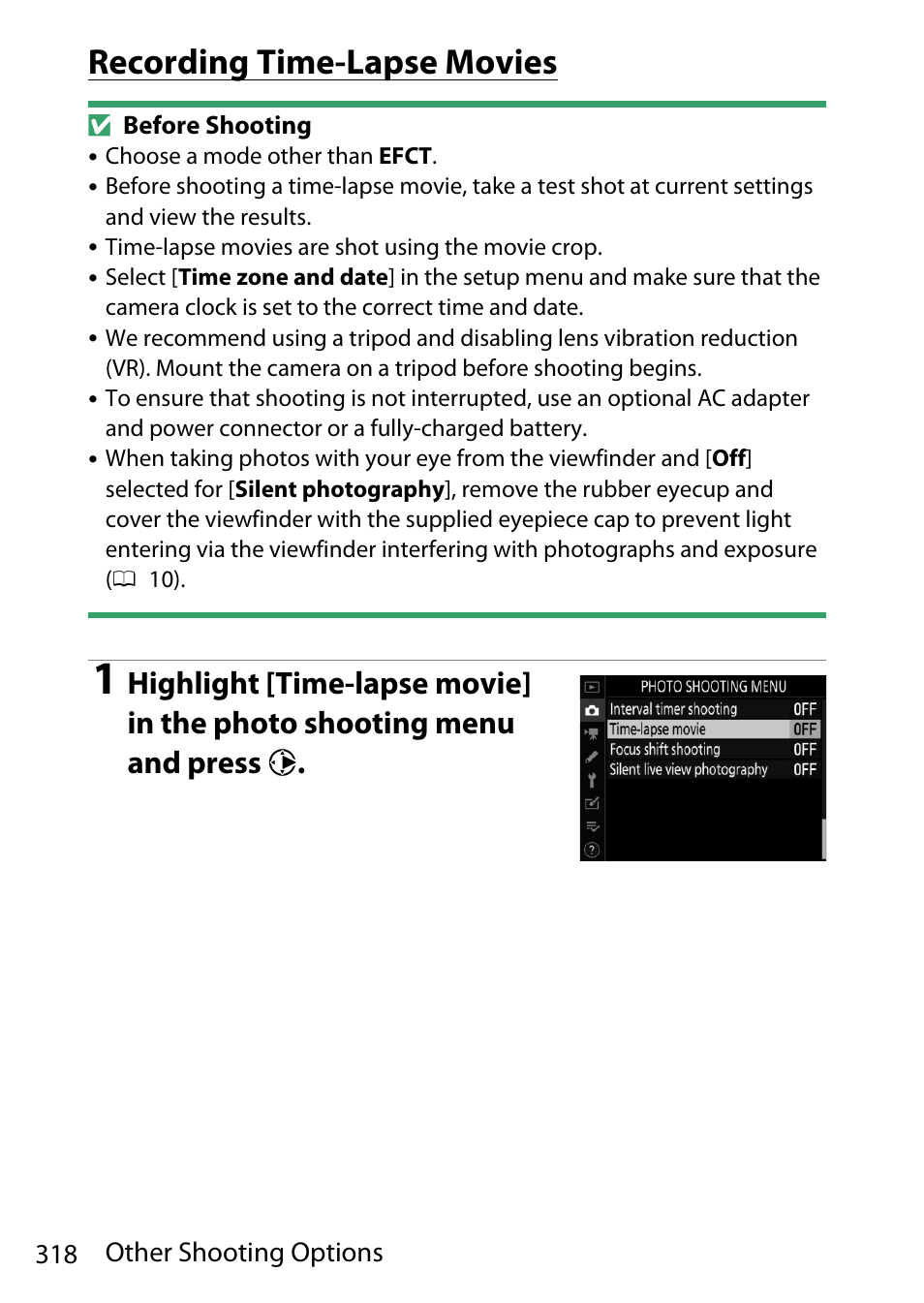 Recording time-lapse movies | Nikon D780 DSLR Camera (Body Only) User Manual | Page 364 / 944