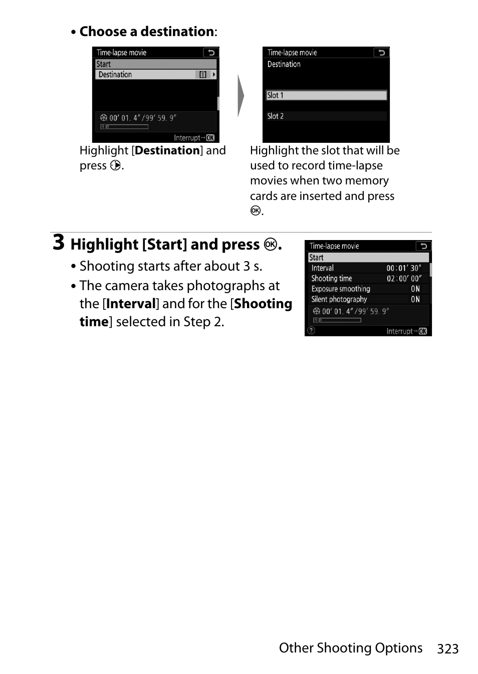 Highlight [start] and press j | Nikon D780 DSLR Camera (Body Only) User Manual | Page 369 / 944