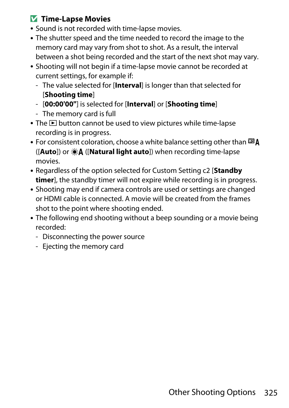 325 other shooting options | Nikon D780 DSLR Camera (Body Only) User Manual | Page 371 / 944