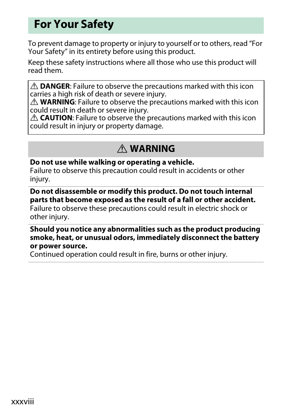 For your safety, Xxxviii, Warning | Nikon D780 DSLR Camera (Body Only) User Manual | Page 38 / 944