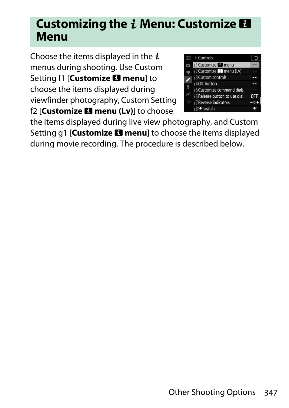 Customizing the i menu: customize i menu, Customizing the, Menu: customize | Menu | Nikon D780 DSLR Camera (Body Only) User Manual | Page 393 / 944