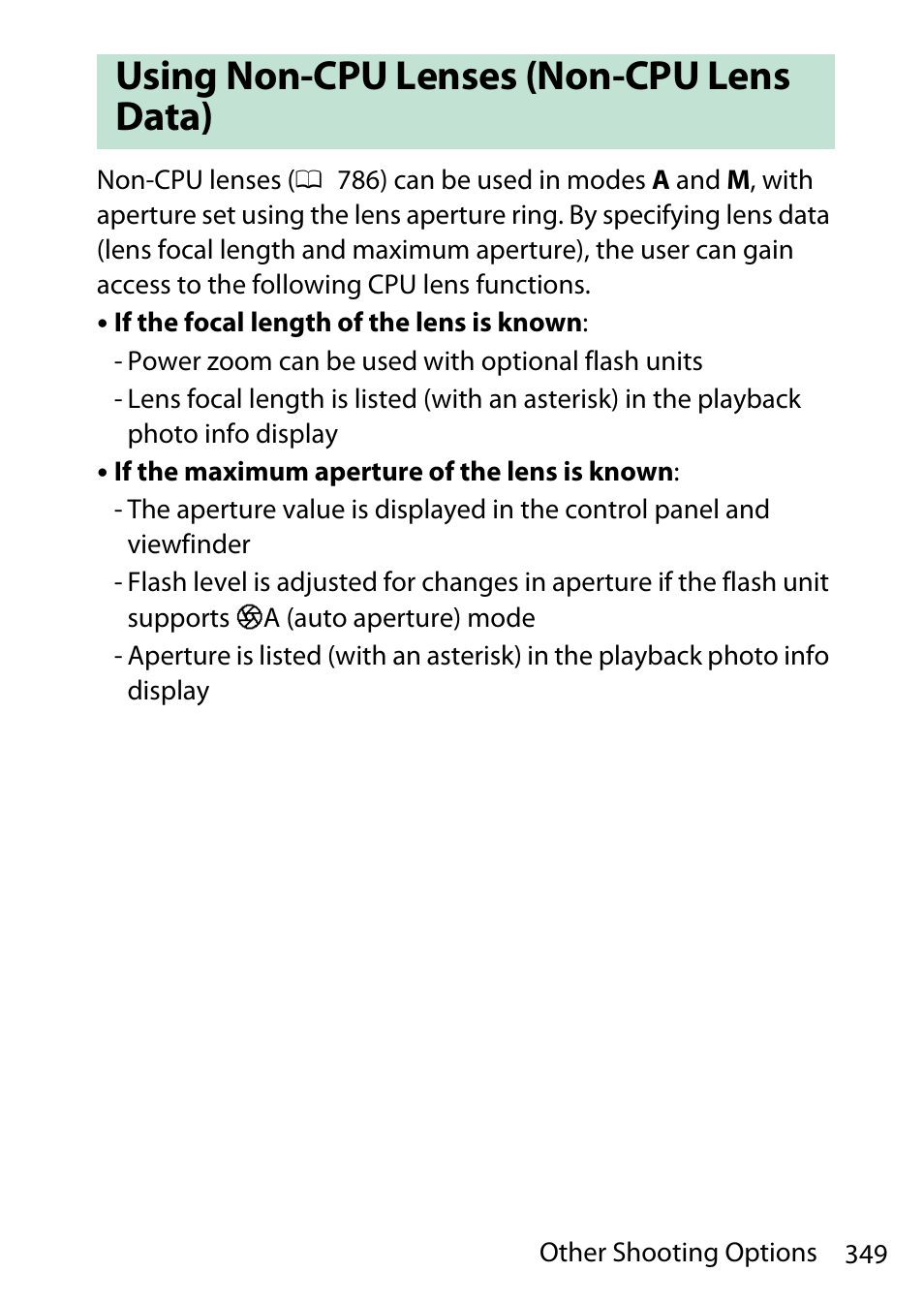 Using non-cpu lenses (non-cpu lens data) | Nikon D780 DSLR Camera (Body Only) User Manual | Page 395 / 944