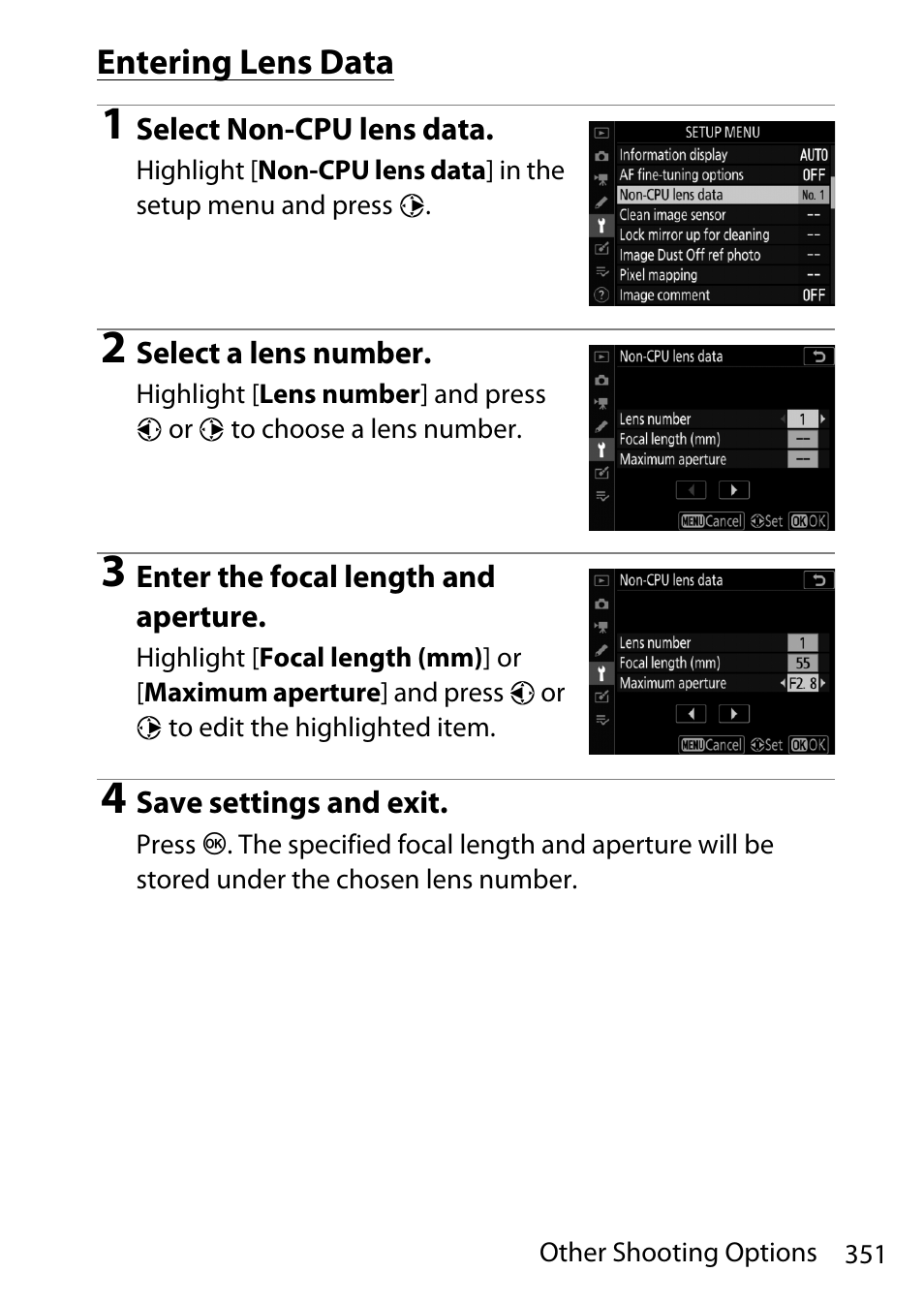 Entering lens data | Nikon D780 DSLR Camera (Body Only) User Manual | Page 397 / 944