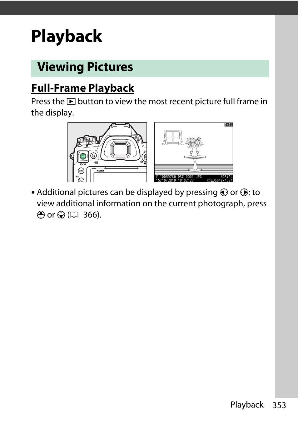 Playback, Viewing pictures, Full-frame playback | Y a movie full frame | Nikon D780 DSLR Camera (Body Only) User Manual | Page 399 / 944