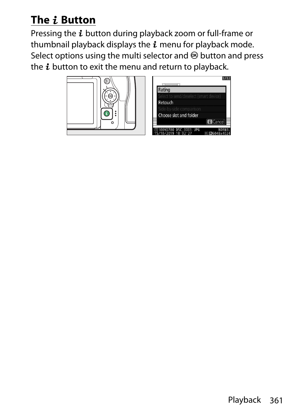 The i button | Nikon D780 DSLR Camera (Body Only) User Manual | Page 407 / 944