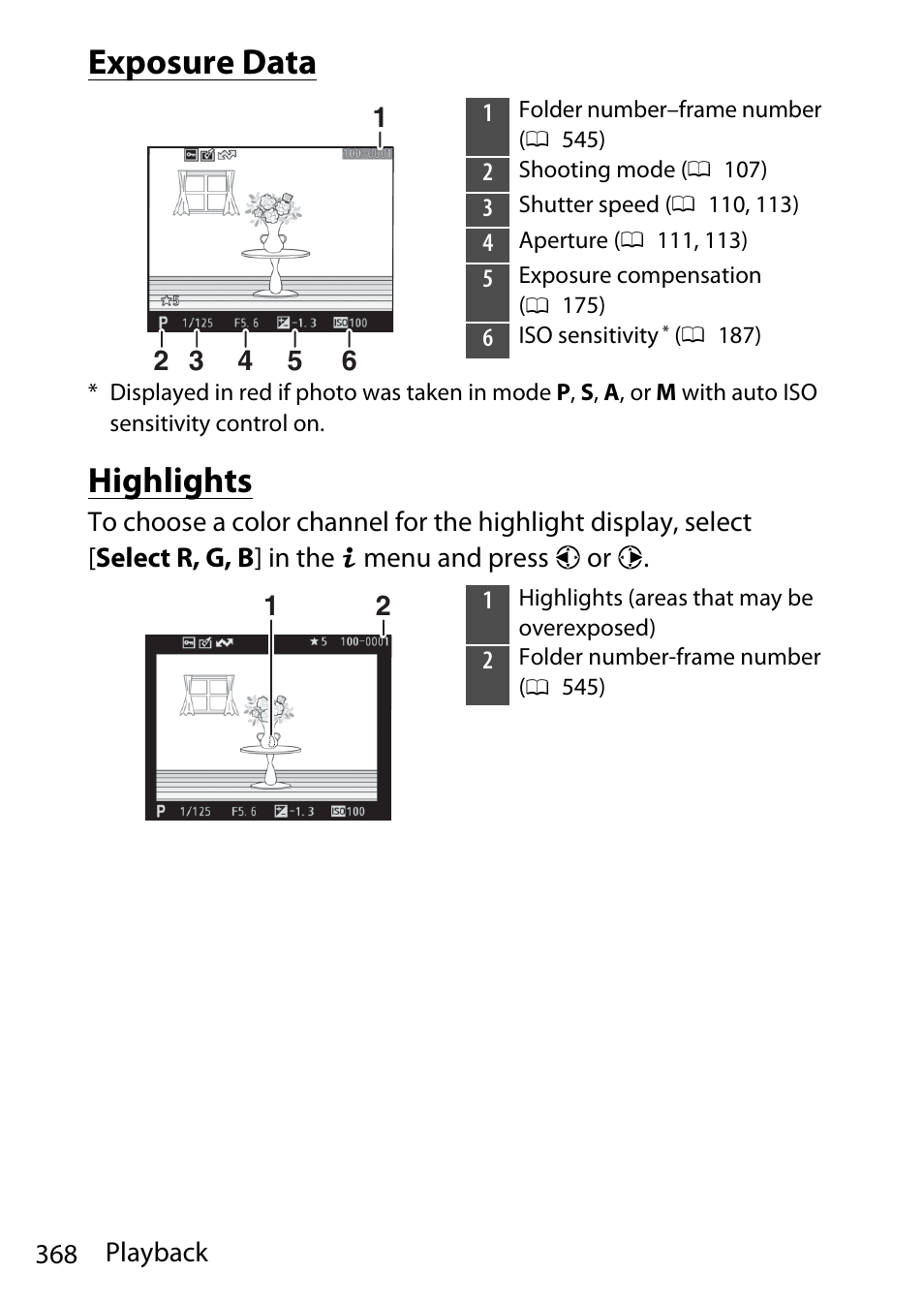 Exposure data, Highlights | Nikon D780 DSLR Camera (Body Only) User Manual | Page 414 / 944