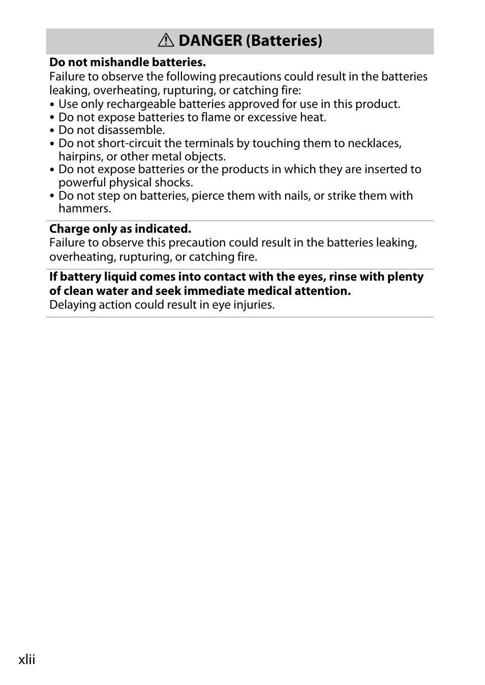 Danger (batteries), Xlii | Nikon D780 DSLR Camera (Body Only) User Manual | Page 42 / 944
