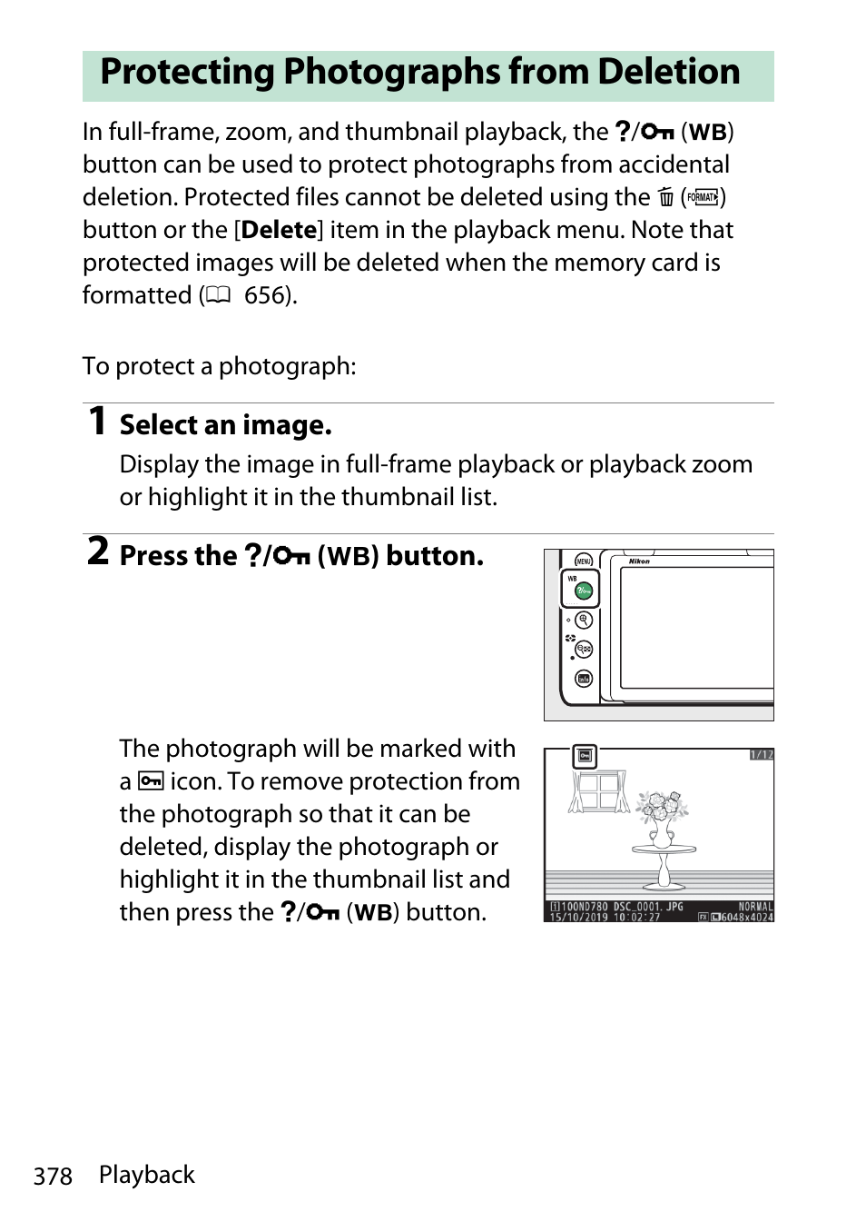 Protecting photographs from deletion, Protect status | Nikon D780 DSLR Camera (Body Only) User Manual | Page 424 / 944