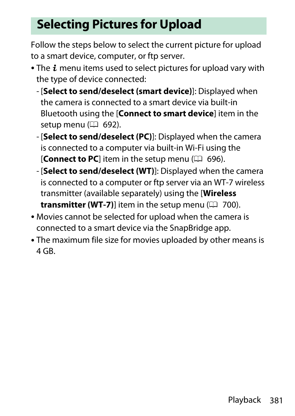 Selecting pictures for upload, 381). t, 381). the | Nikon D780 DSLR Camera (Body Only) User Manual | Page 427 / 944