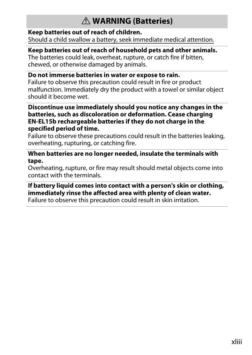 Warning (batteries) | Nikon D780 DSLR Camera (Body Only) User Manual | Page 43 / 944