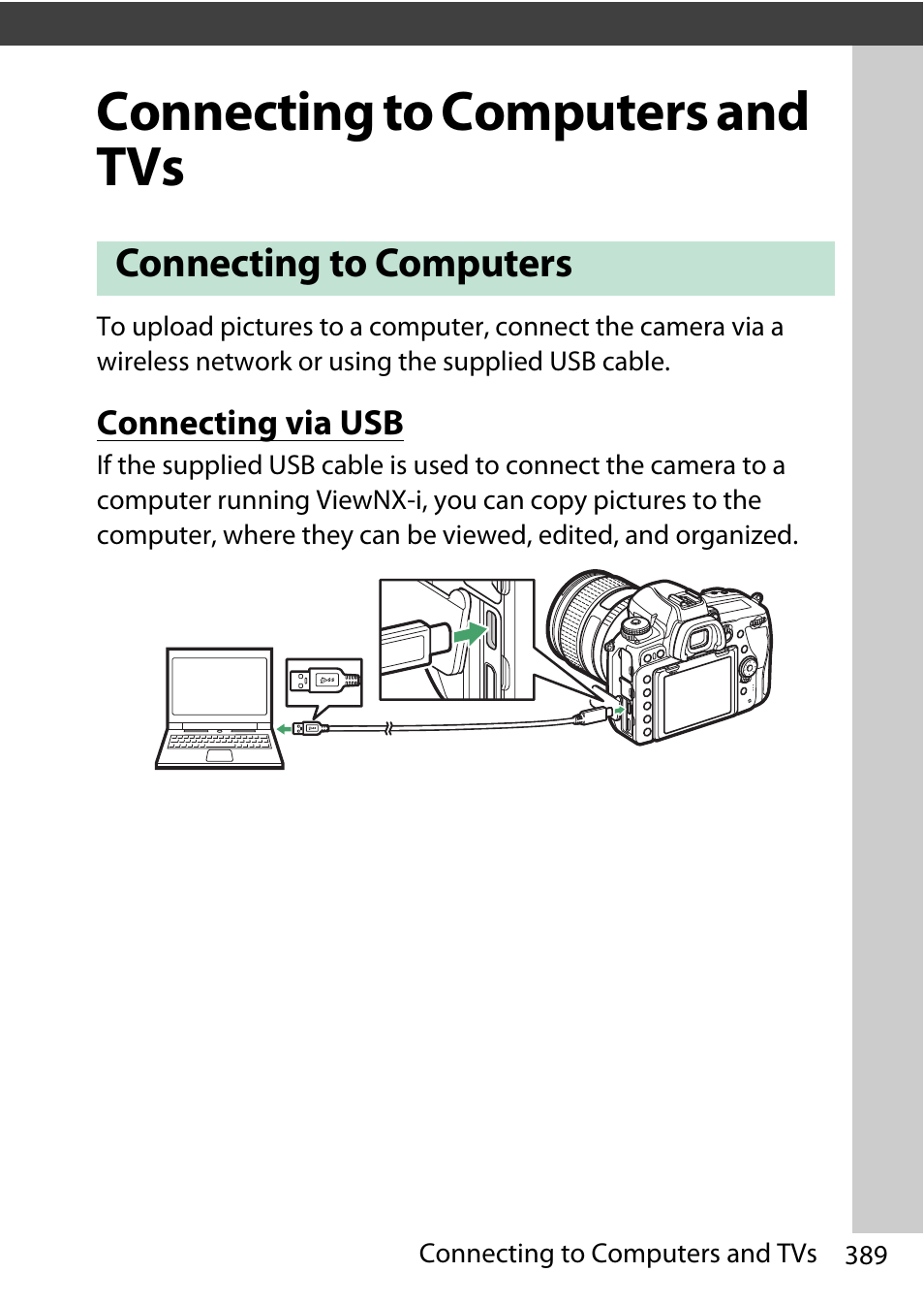 Connecting to computers and tvs, Connecting to computers, Connecting via usb | Nikon D780 DSLR Camera (Body Only) User Manual | Page 435 / 944