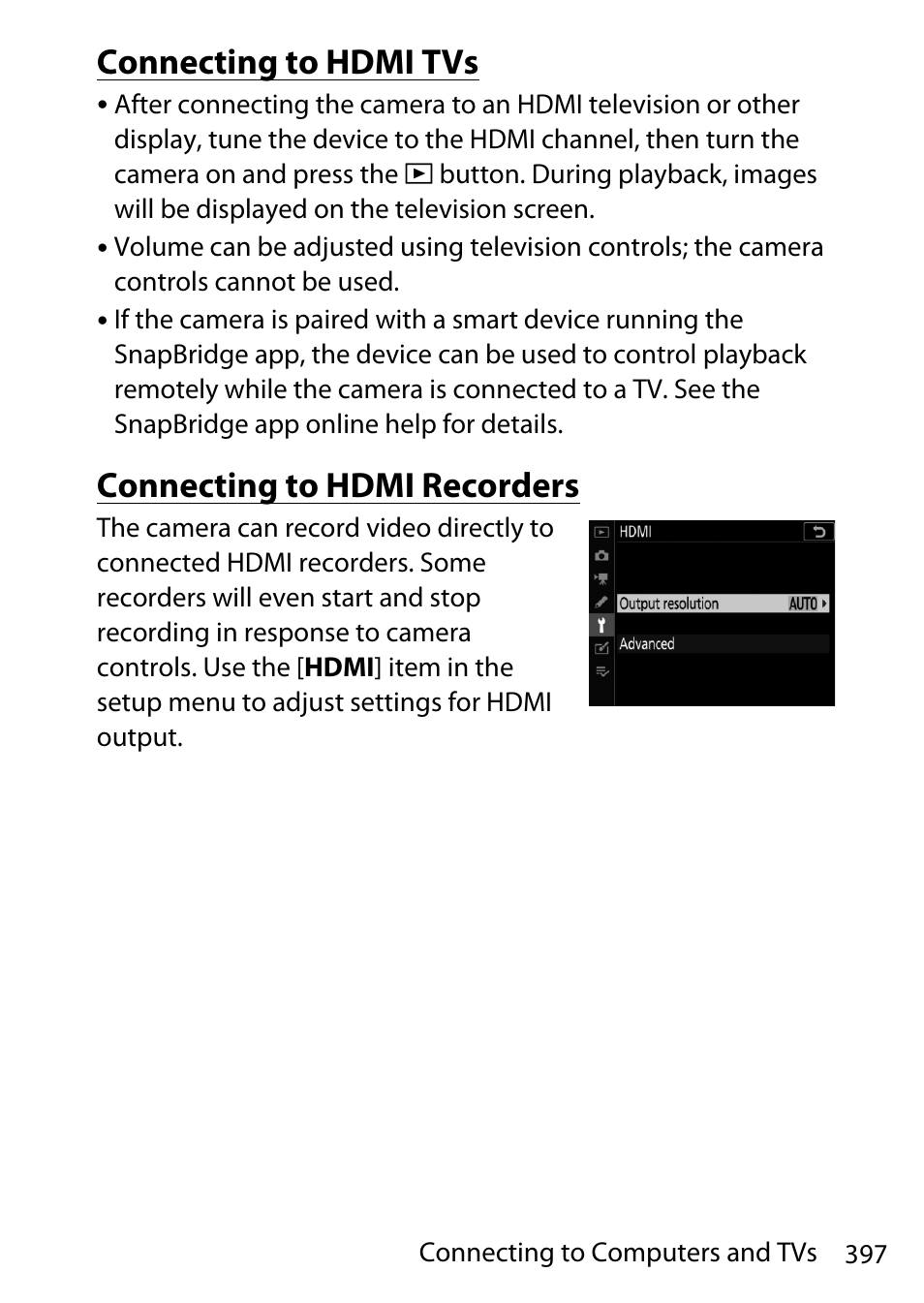 Connecting to hdmi tvs, Connecting to hdmi recorders | Nikon D780 DSLR Camera (Body Only) User Manual | Page 443 / 944