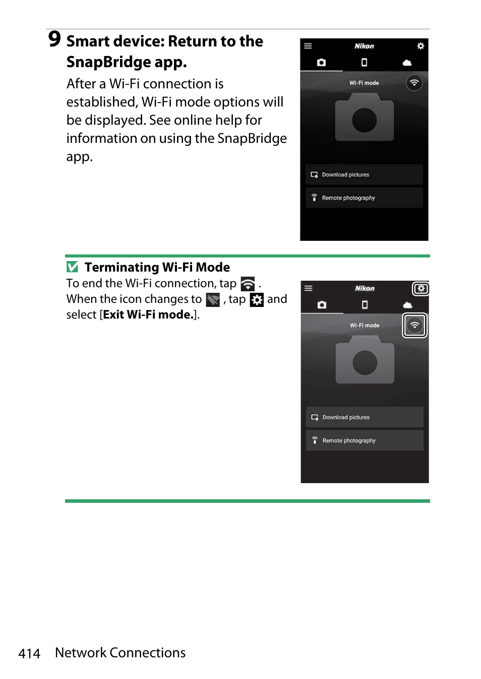 Smart device: return to the snapbridge app | Nikon D780 DSLR Camera (Body Only) User Manual | Page 460 / 944