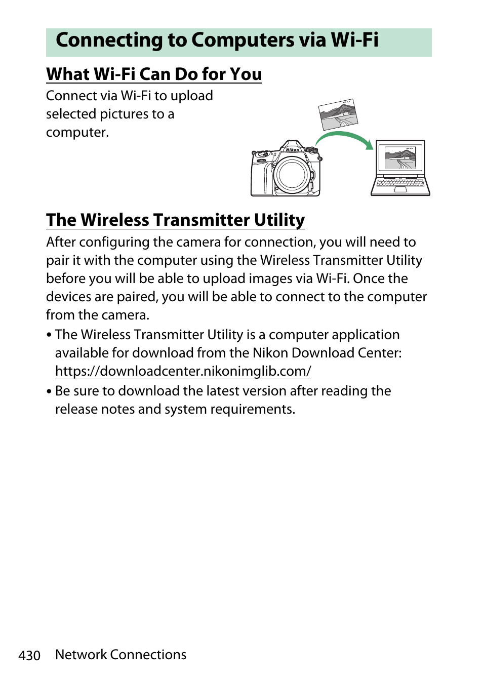 Connecting to computers via wi-fi, What wi-fi can do for you, The wireless transmitter utility | Nikon D780 DSLR Camera (Body Only) User Manual | Page 476 / 944