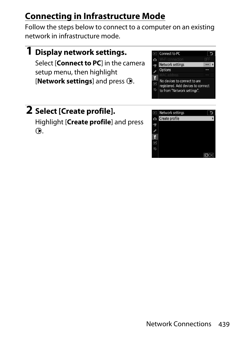 Connecting in infrastructure mode | Nikon D780 DSLR Camera (Body Only) User Manual | Page 485 / 944