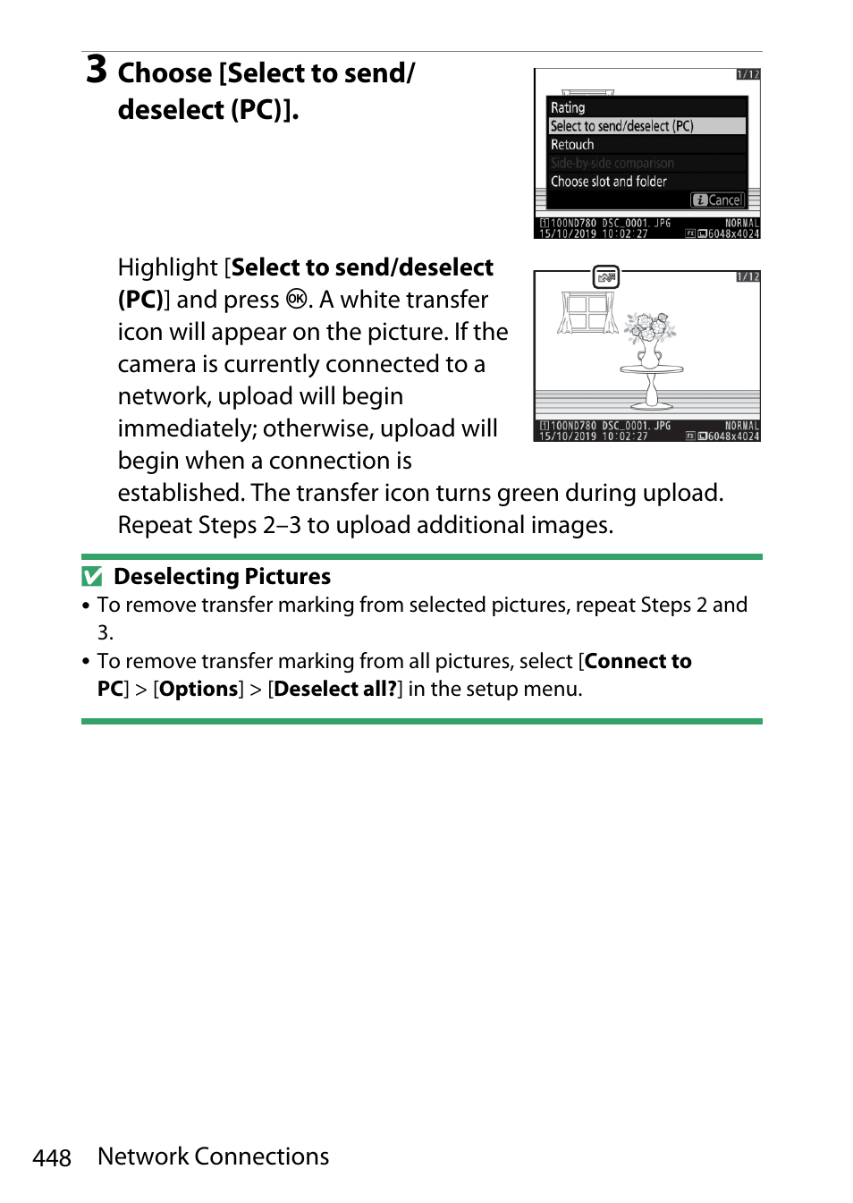 Choose [select to send/ deselect (pc) | Nikon D780 DSLR Camera (Body Only) User Manual | Page 494 / 944