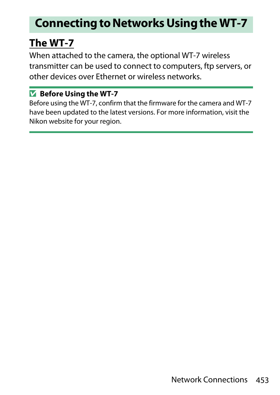 Connecting to networks using the wt-7, The wt-7 | Nikon D780 DSLR Camera (Body Only) User Manual | Page 499 / 944