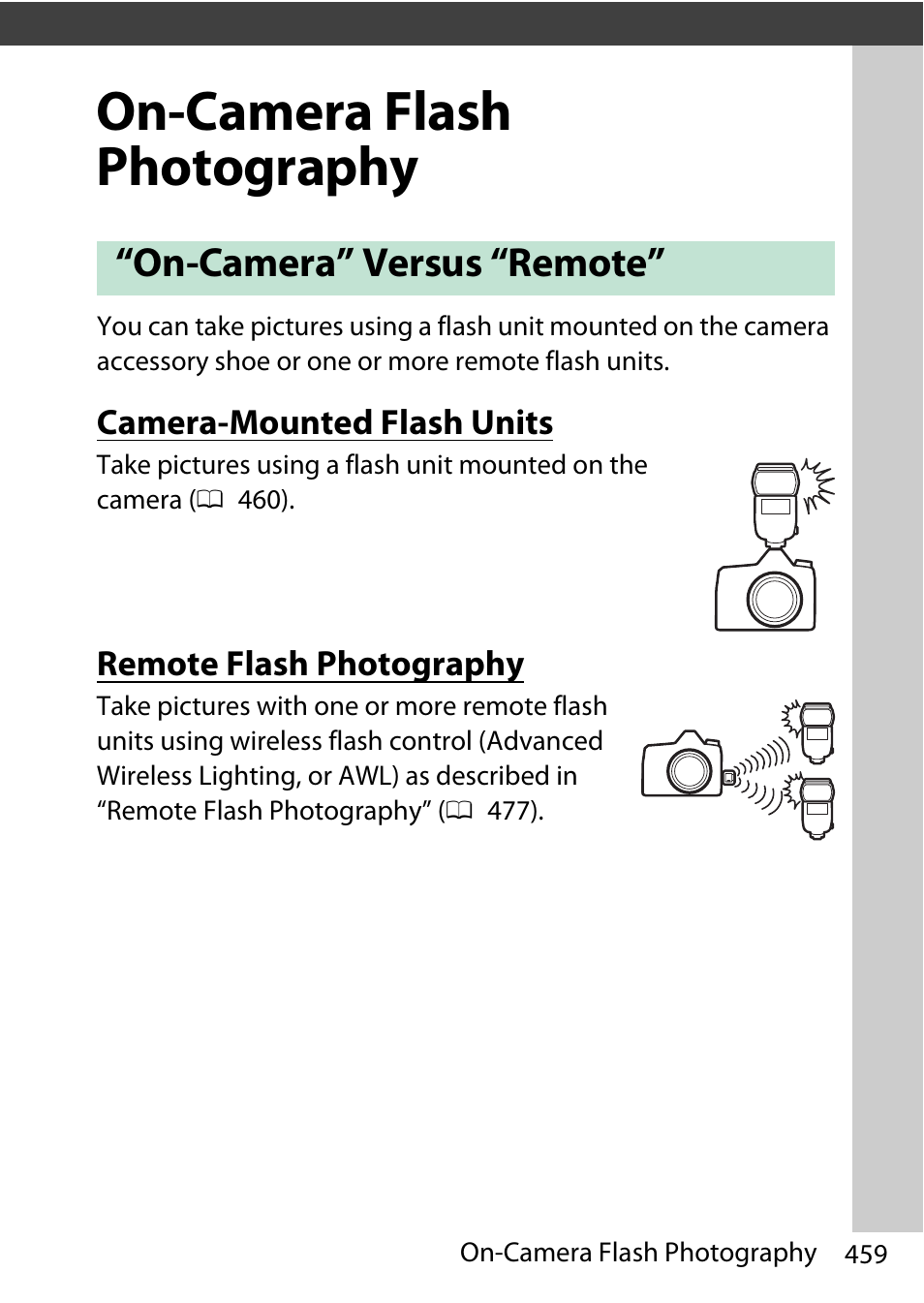 On-camera flash photography, On-camera” versus “remote, Camera-mounted flash units | Remote flash photography, H unit | Nikon D780 DSLR Camera (Body Only) User Manual | Page 505 / 944