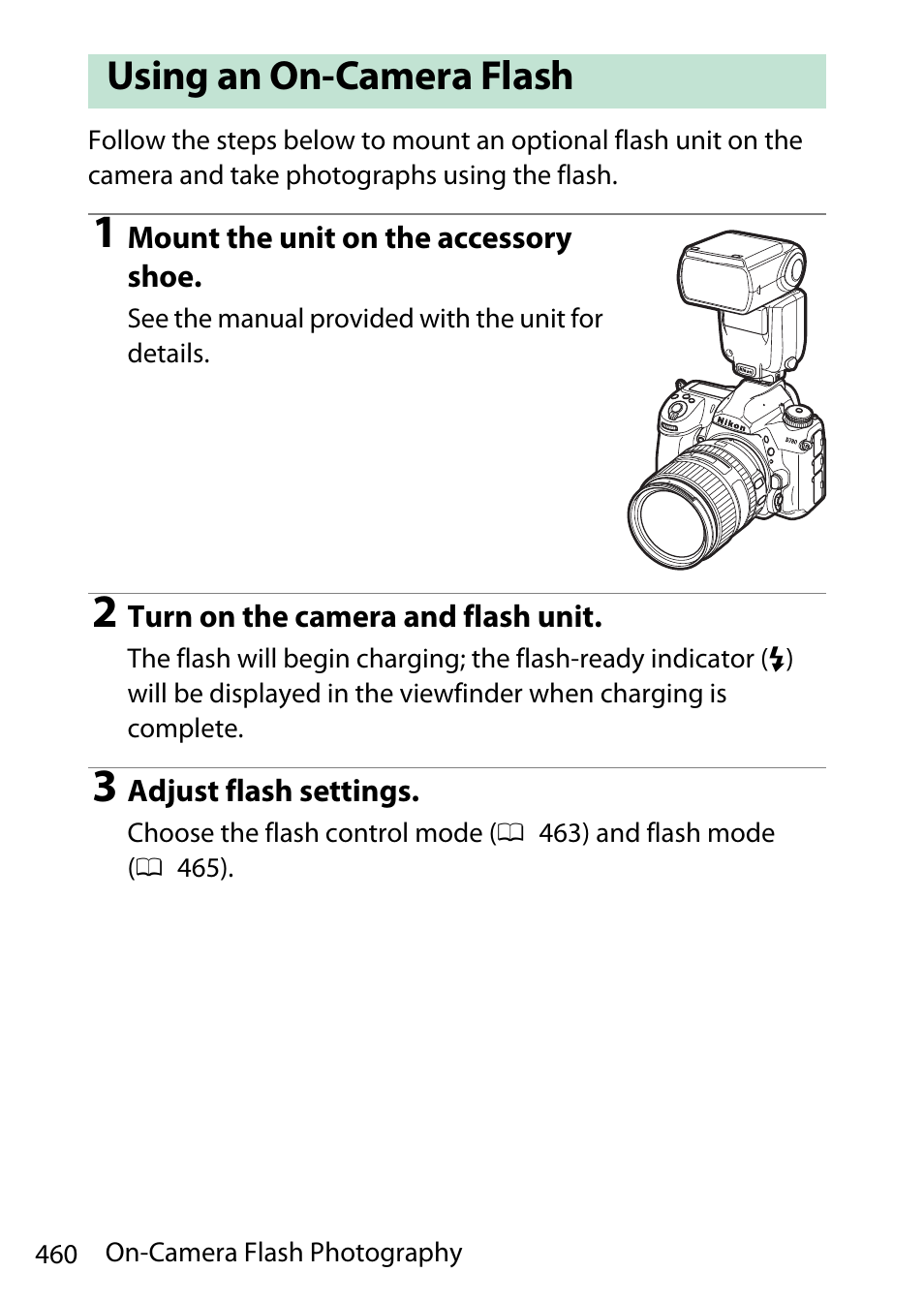 Using an on-camera flash | Nikon D780 DSLR Camera (Body Only) User Manual | Page 506 / 944